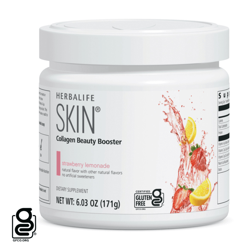 Herbalife Skin Collagen Beauty Booster jar with strawberry lemonade flavor on a white background