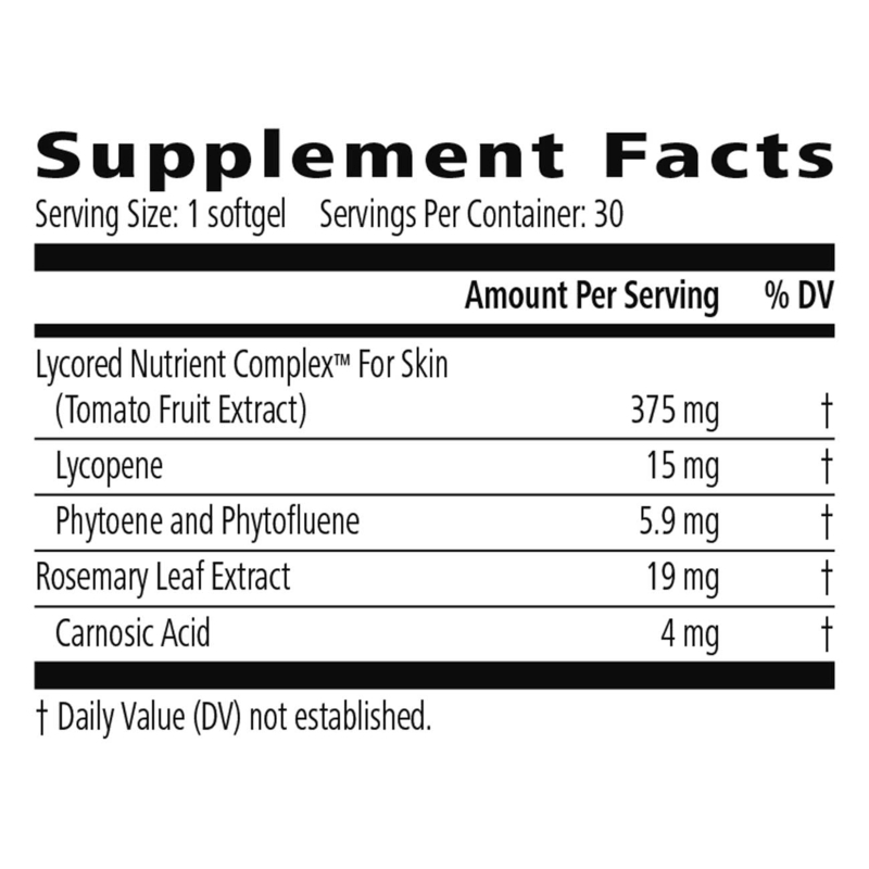Supplement facts for AuraStylo LycoGlow supplement highlighting key ingredients and amounts per serving.