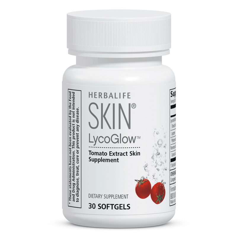 AuraStylo LycoGlow tomato extract skin supplement by Herbalife in a 30 softgel bottle.