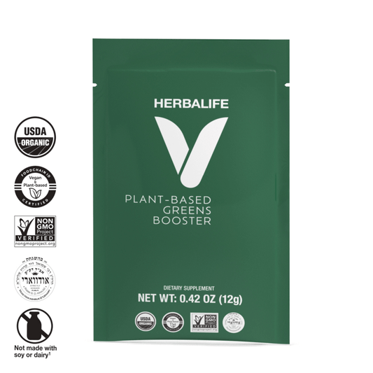 Herbalife plant-based greens booster package with certification logos on a white background