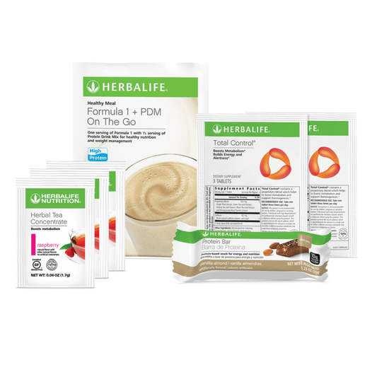AuraStylo Weight Loss Challenge Product Sample Pack including meal replacement and protein bar.