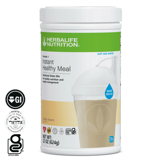 Formula 1 Instant Healthy Meal by AuraStylo, Vanilla Dream Nutritional Shake Mix packaging, just add water.