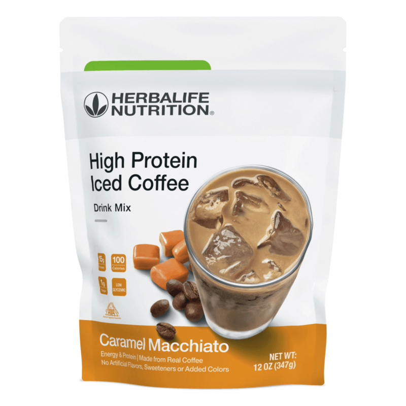 AuraStylo High Protein Iced Coffee drink mix packaging featuring Caramel Macchiato flavor with iced coffee and coffee beans.