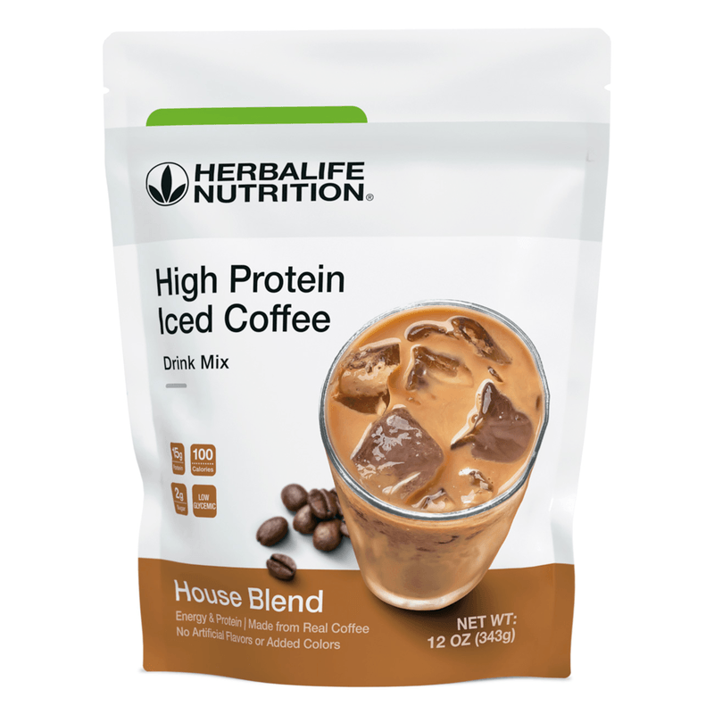 AuraStylo High Protein Iced Coffee drink mix package with iced coffee and coffee beans.