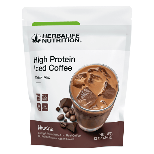AuraStylo High Protein Iced Coffee in a package with a delicious mocha drink served over ice.