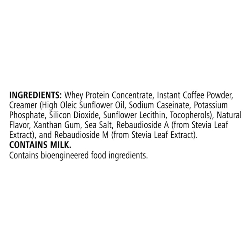 Ingredients list for AuraStylo High Protein Iced Coffee, including whey protein, coffee powder, and natural flavoring.