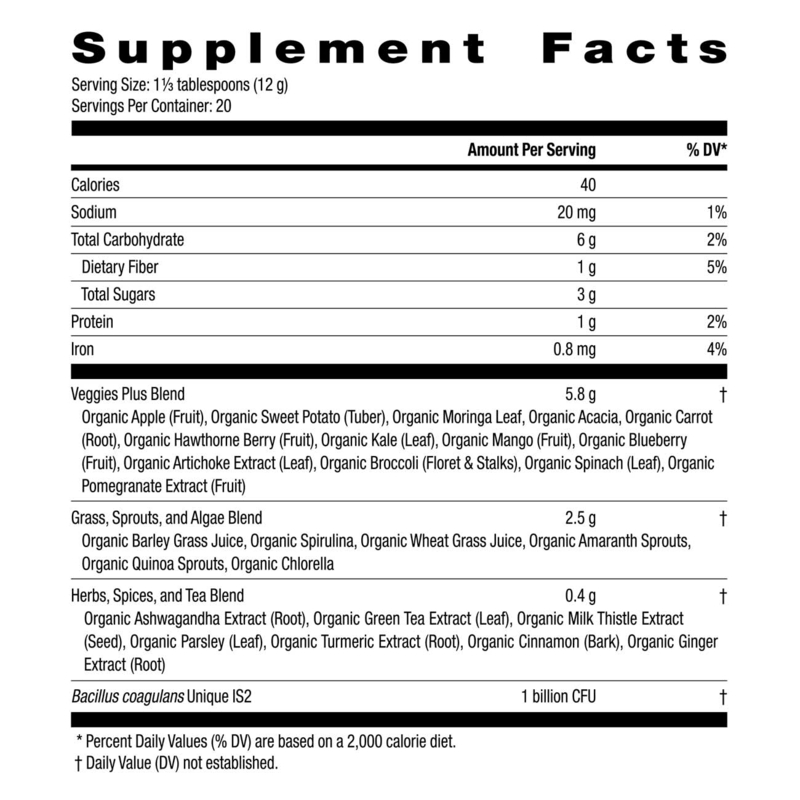 Supplement facts label with detailed nutritional information and ingredient list.