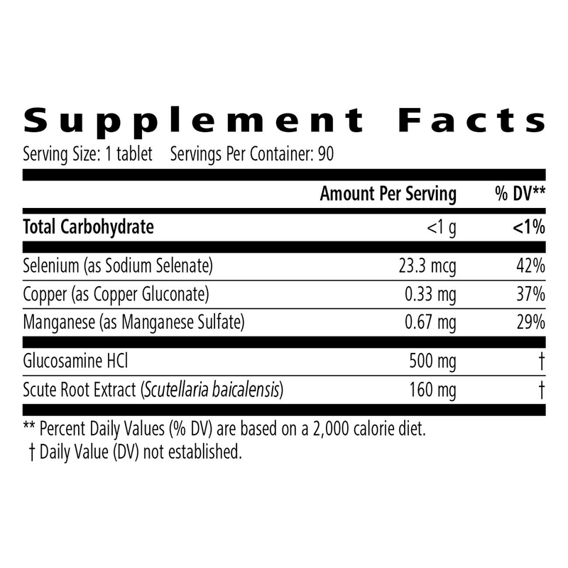 Supplement facts for AuraStylo Joint Support Advanced, highlighting key ingredients like glucosamine, selenium, copper, and manganese.