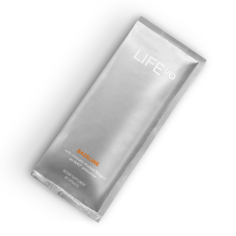 AuraStylo Life I/O Baseline supplement packaging for cellular energy and mitochondrial support.