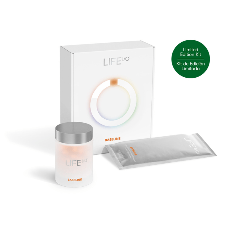 AuraStylo Life I/O Baseline product image showcasing the limited edition kit with jar and sachet.