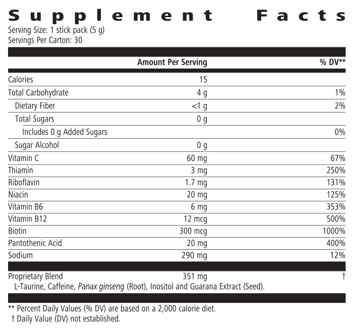 AuraStylo Liftoff Supplement Facts showing nutritional content and ingredients in each stick pack.