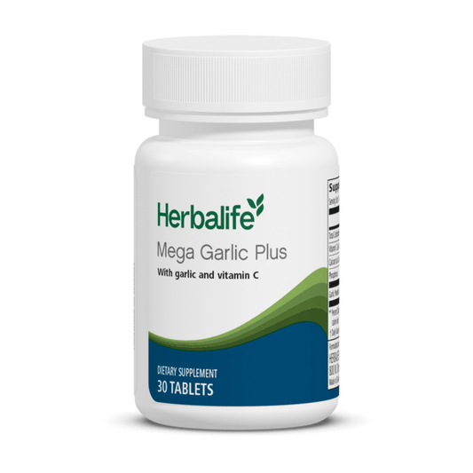 Mega Garlic Plus by Herbalife: AuraStylo dietary supplement with garlic and vitamin C, 30 tablets for heart health.