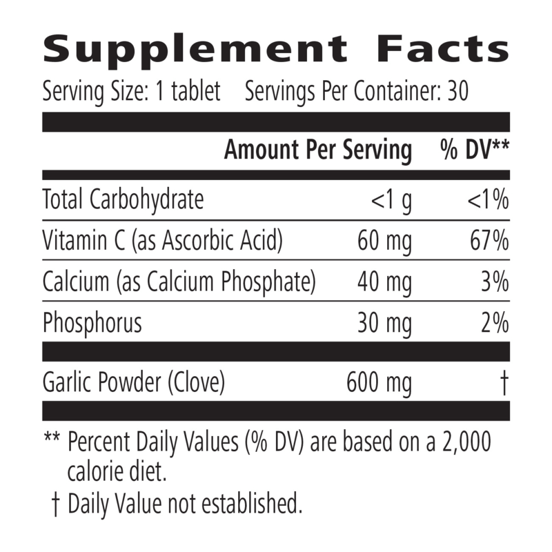 Supplement Facts for Mega Garlic Plus: AuraStylo, showing serving size, nutrients, and garlic powder content.