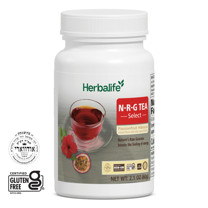 AuraStylo N-R-G Tea Select Passionfruit Hibiscus with guarana, gluten-free and non-GMO ingredients.