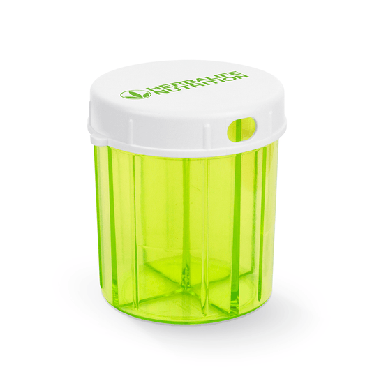 AuraStylo tablet dispenser with a rotating top for favorite supplements, designed for easy organization and access.