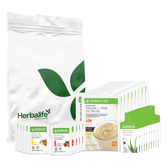 Classics On-the-Go Kit featuring Herbalife products from AuraStylo, including herbal tea and shakes for easy nutrition.