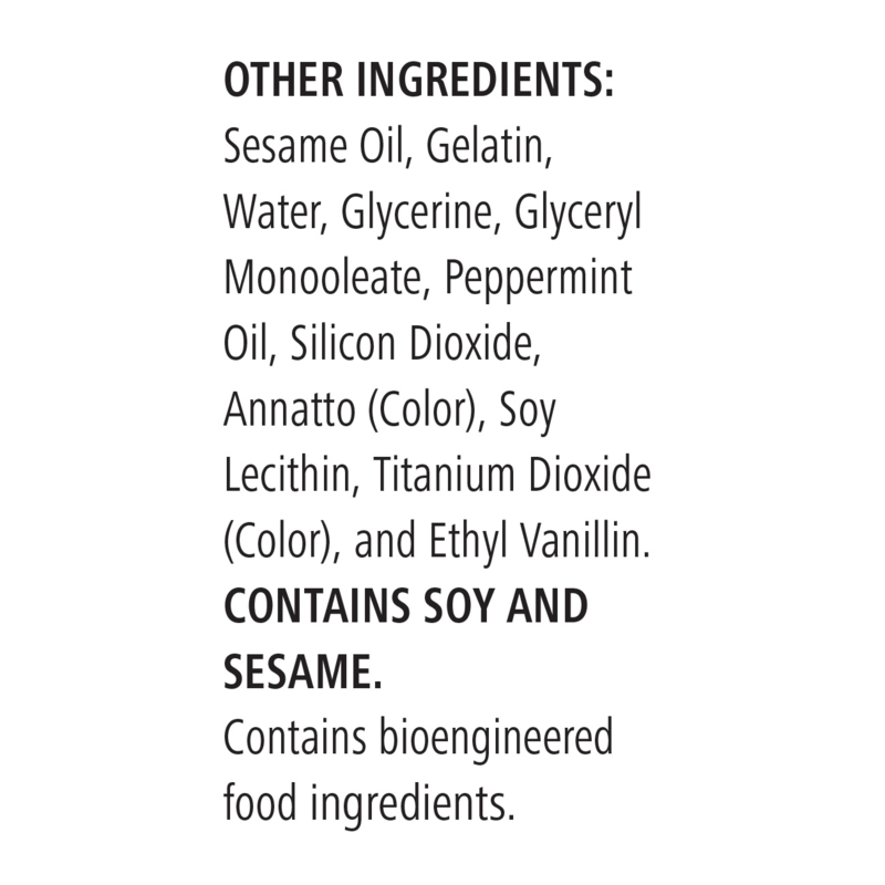 Other ingredients list for CoQ10 Plus Softgels including sesame oil, gelatin, and peppermint oil.