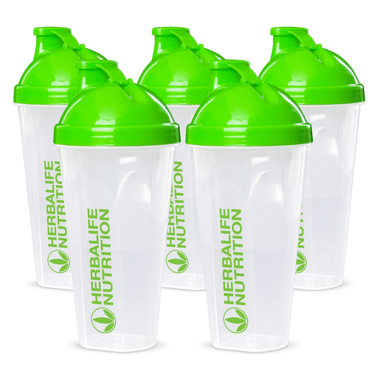 Set of Herbalife shaker cups with green lids for making shakes, ideal for AuraStylo users.