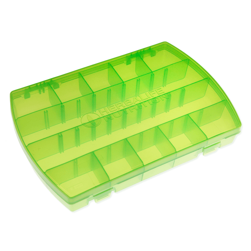 AuraStylo translucent green tablet box with multiple compartments for organization.