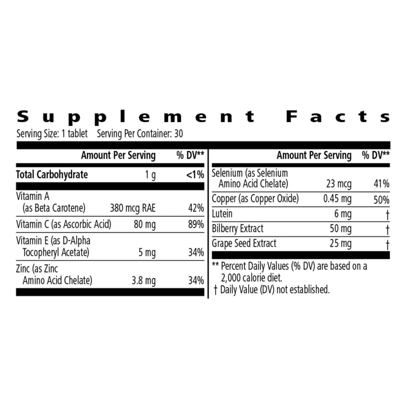 Supplement facts for AuraStylo Ocular Defense Formula including vitamins and minerals for eye health support.