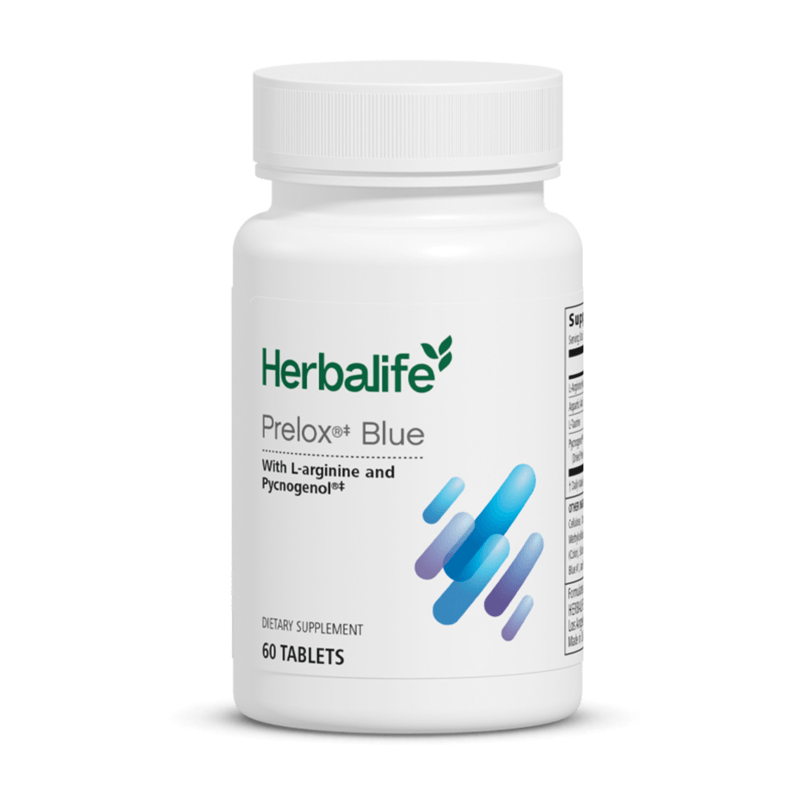 AuraStylo Prelox Blue dietary supplement bottle containing 60 tablets with L-arginine and Pycnogenol®.