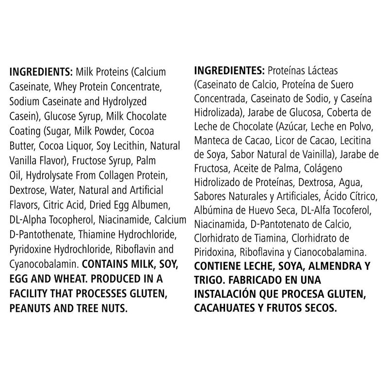 Ingredients list for Protein Bar Deluxe featuring natural milk proteins and various flavors, sourced for AuraStylo quality snacks.