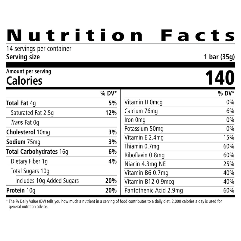 Nutrition facts label for Protein Bar Deluxe by AuraStylo showing 140 calories, 10g protein, and key nutrients.