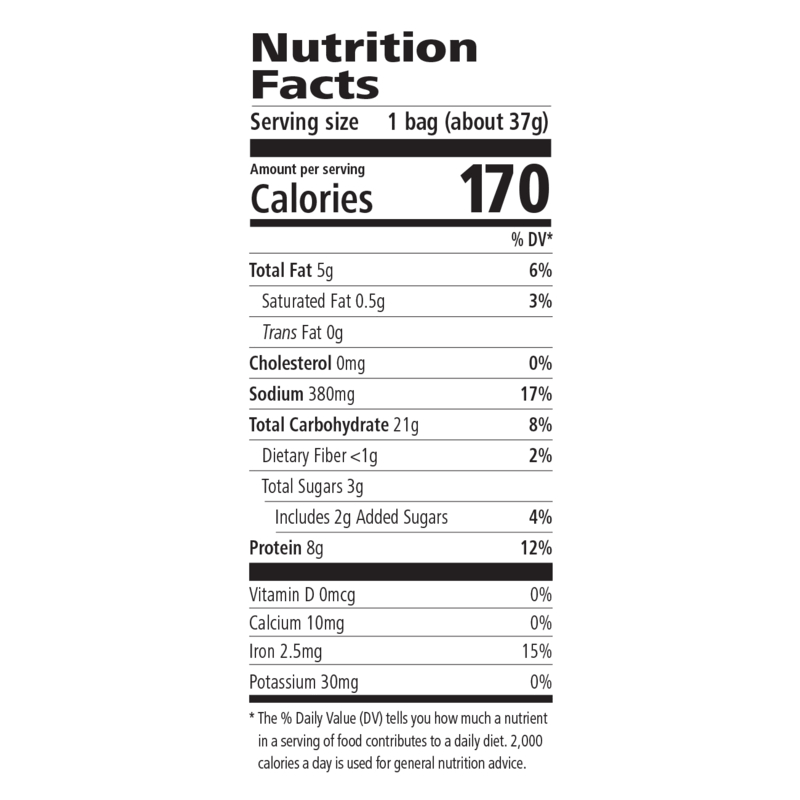 Nutrition facts for Protein Chips from AuraStylo, showing calories, fat, sodium, carbohydrates, and protein content.