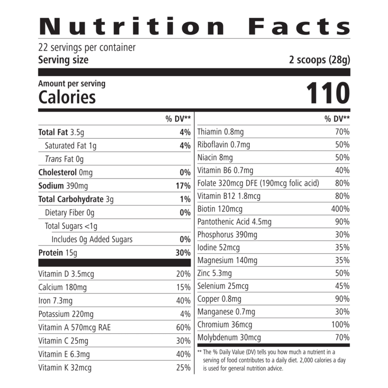 Nutrition Facts for Protein Drink Mix AuraStylo: 110 calories, 15g protein, serving size 2 scoops (28g), 22 servings per container.